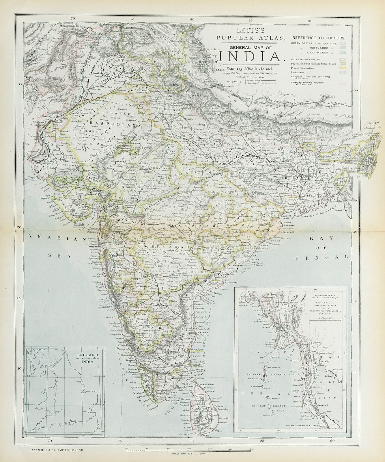 BRITISH INDIA French Portuguese Native states Railways telegraphs LETTS 1883 map